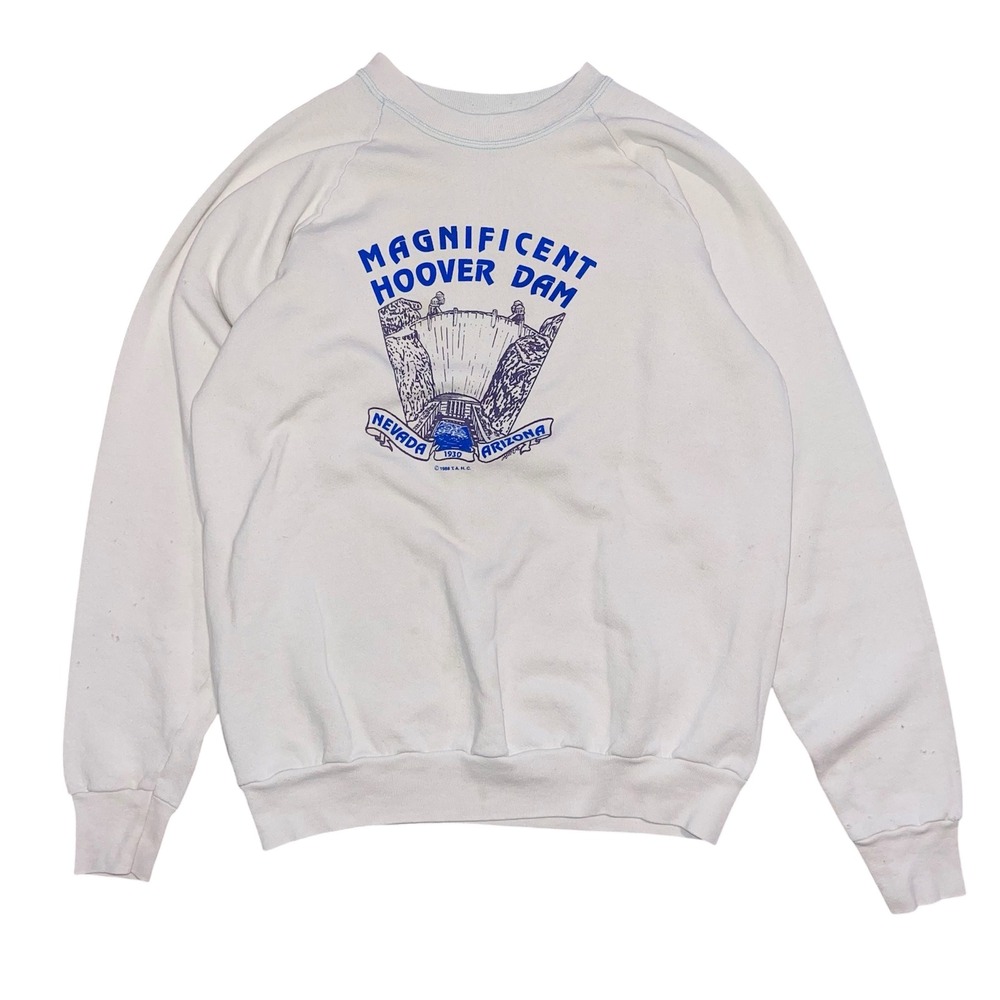 Vintage 1988 Magnificent Hoover Dam Graphic Sweatshirt White‎ Mens XL Raglan 80s